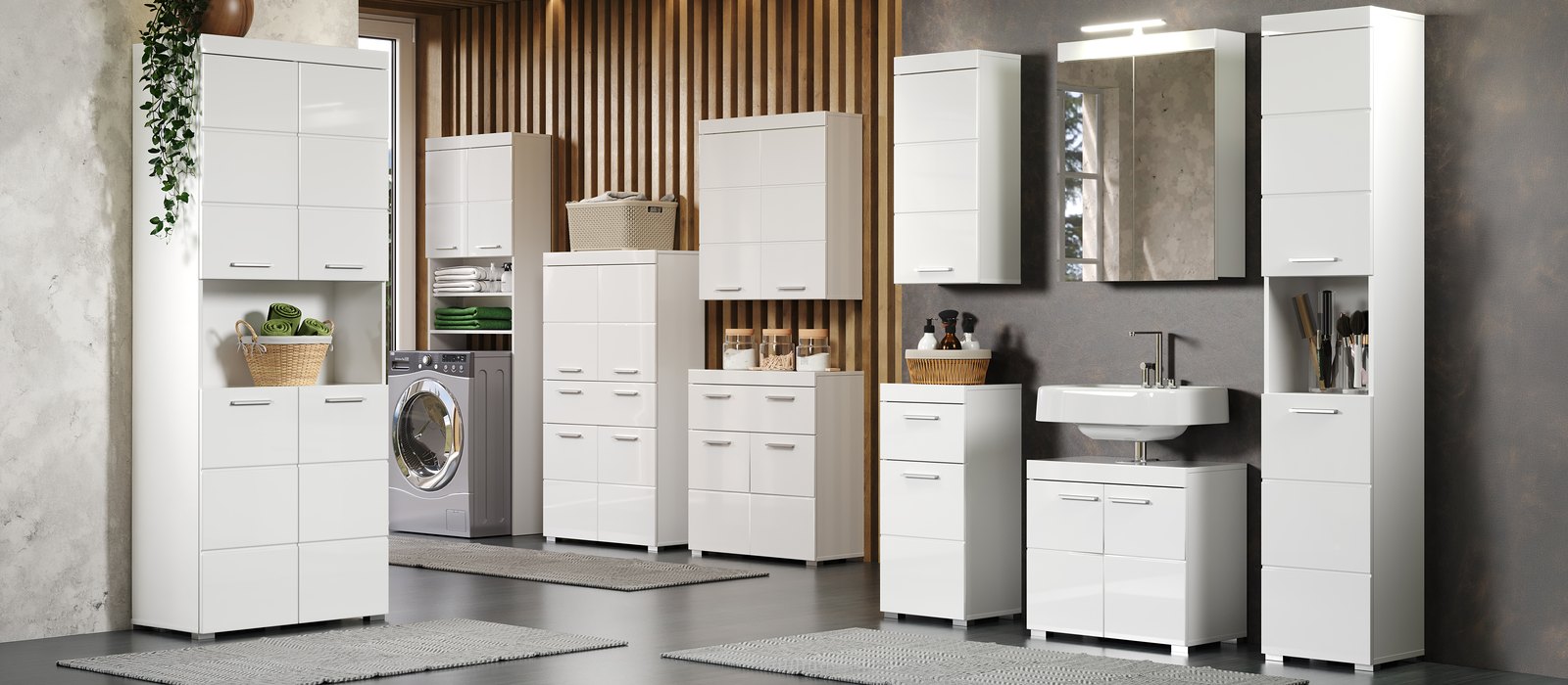 Amanda white gloss bathroom and laundry storage with vanity unit, mirror cabinet and tall cabinets