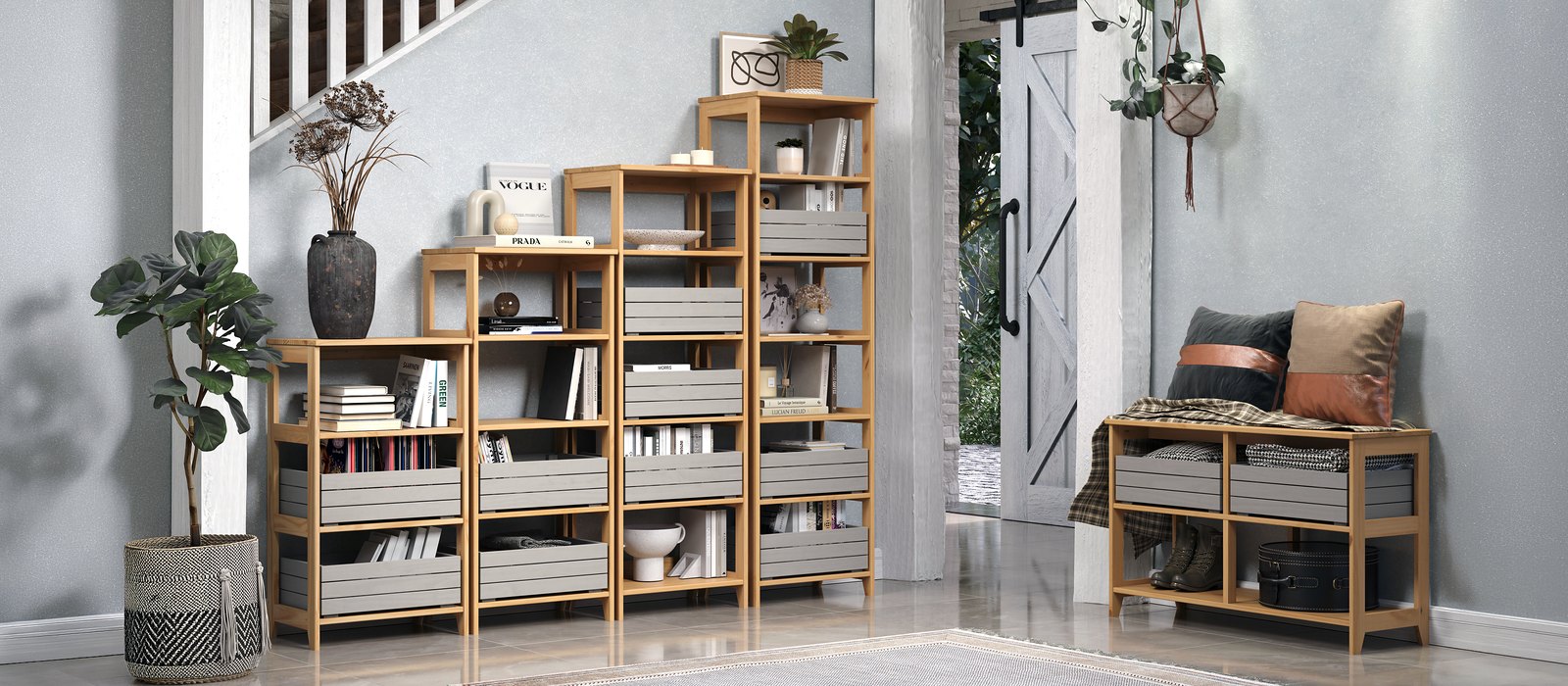 Arona shelving units with grey storage crates and matching bench in an entry hall