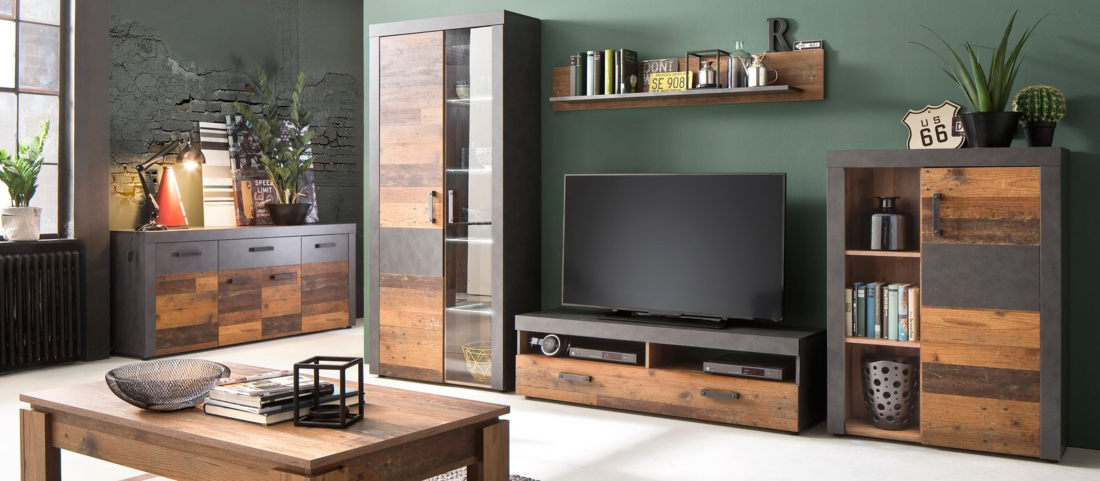 Aspen living room with sideboard, display cabinet, TV unit, highboard and coffee table