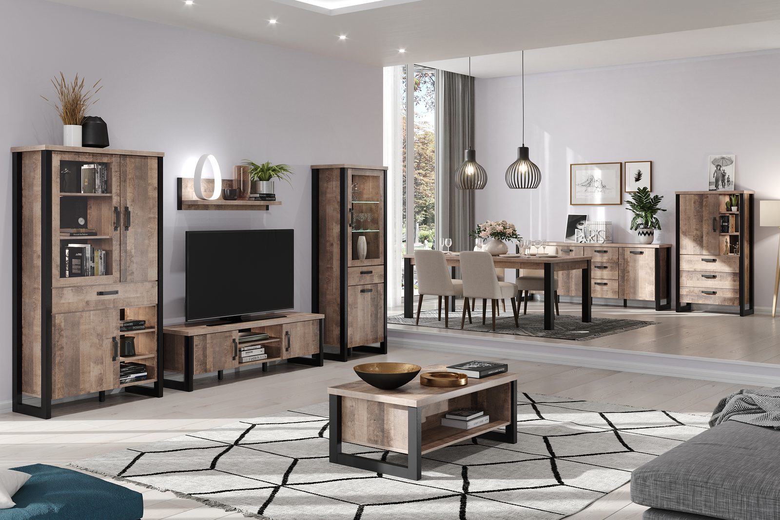 Emile living and dining room with TV unit, display cabinets and dining table