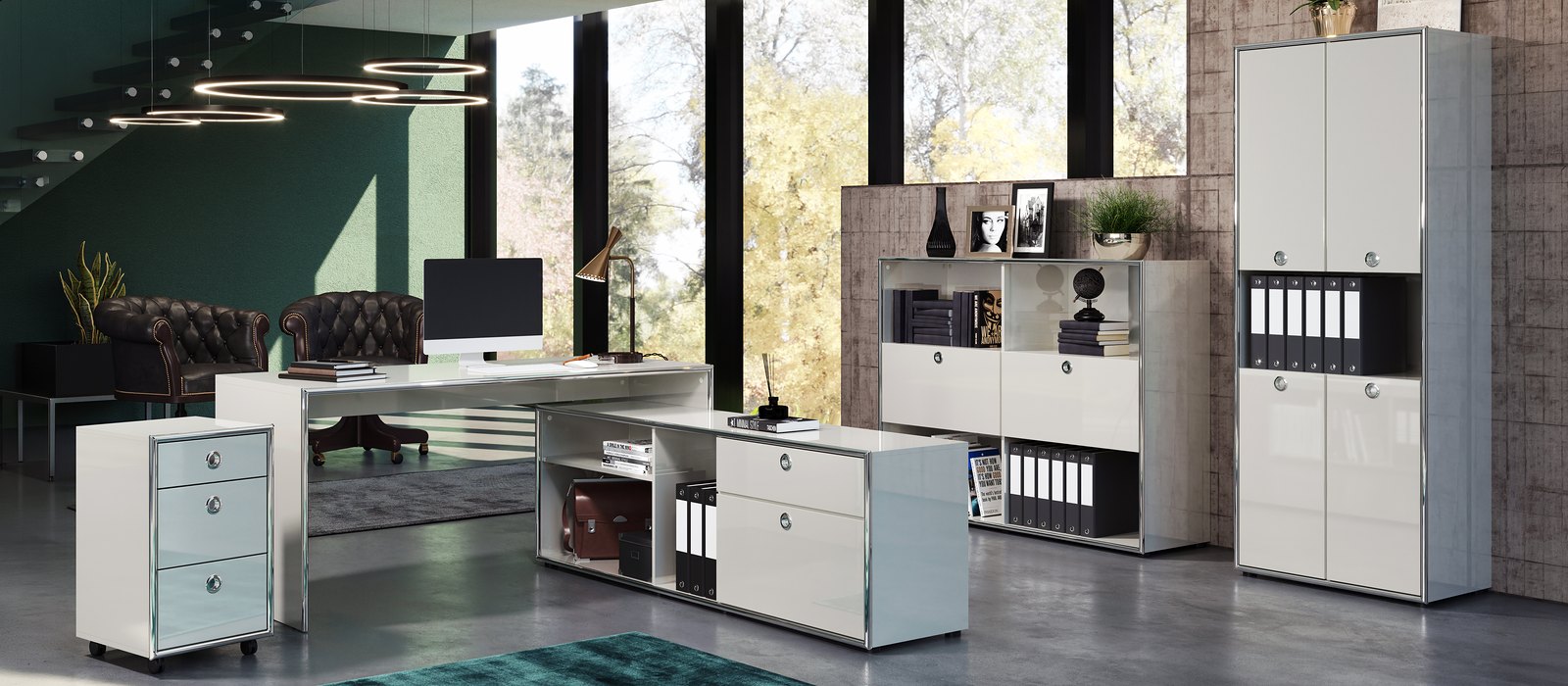 Infinity office with desk, filing units and shelving