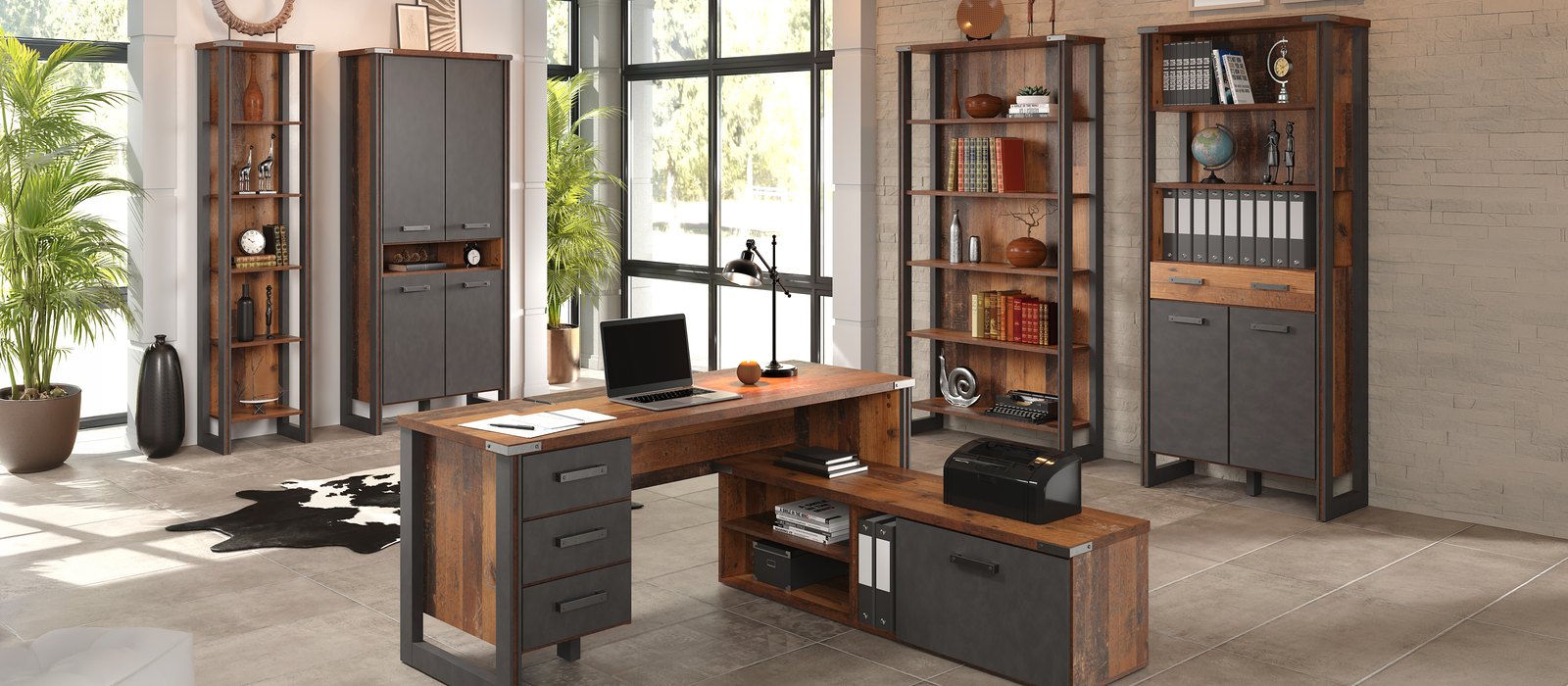 Prime home office with a corner desk, shelving and tall cabinets